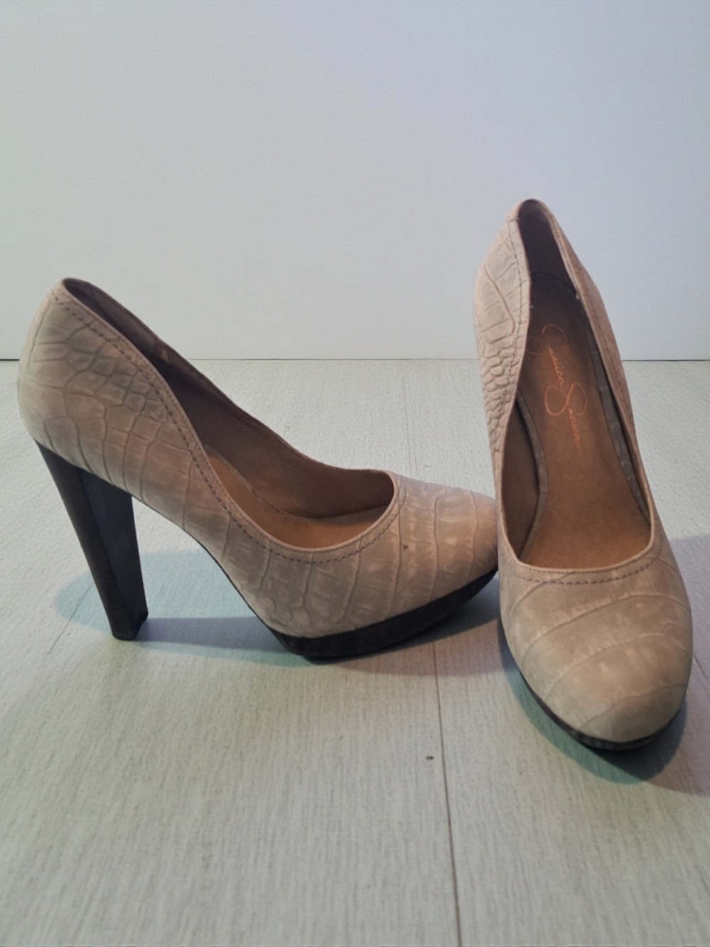Jessica Simpson Taupe Croc-Embossed Platform Pumps